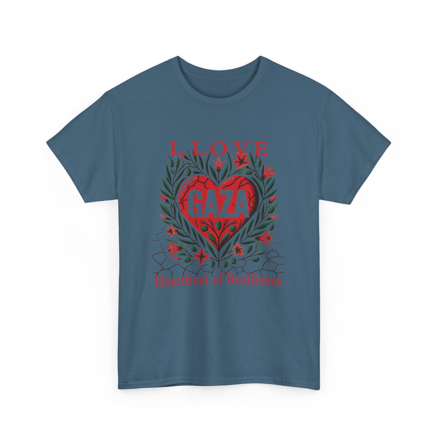 Copy of I Love Gaza, Heartbeat of Resilience, Palestine T-Shirt with Olive Branches, Flowers, and Devastations