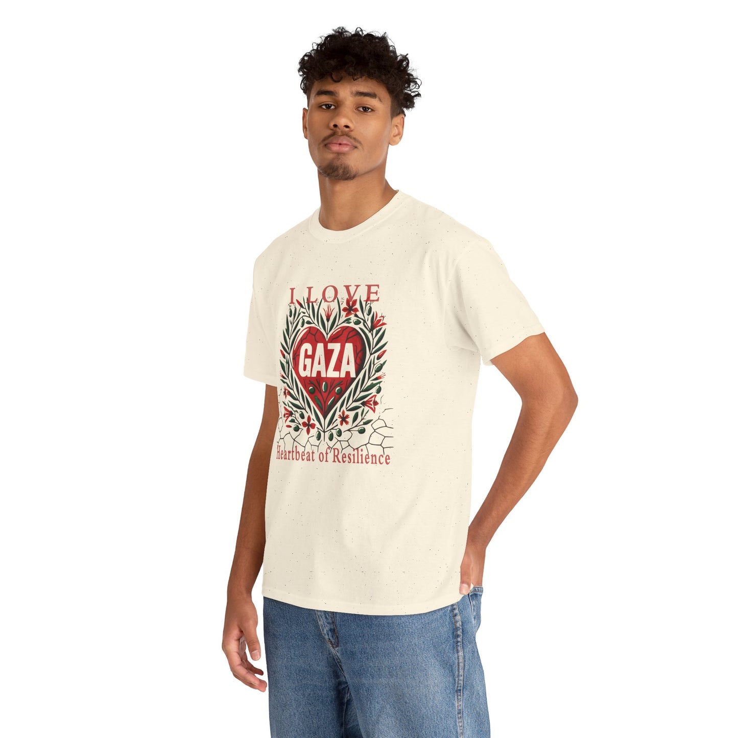 Copy of I Love Gaza, Heartbeat of Resilience, Palestine T-Shirt with Olive Branches, Flowers, and Devastations