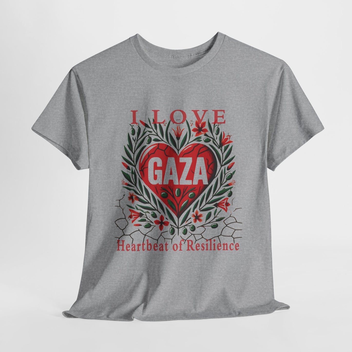 Copy of I Love Gaza, Heartbeat of Resilience, Palestine T-Shirt with Olive Branches, Flowers, and Devastations