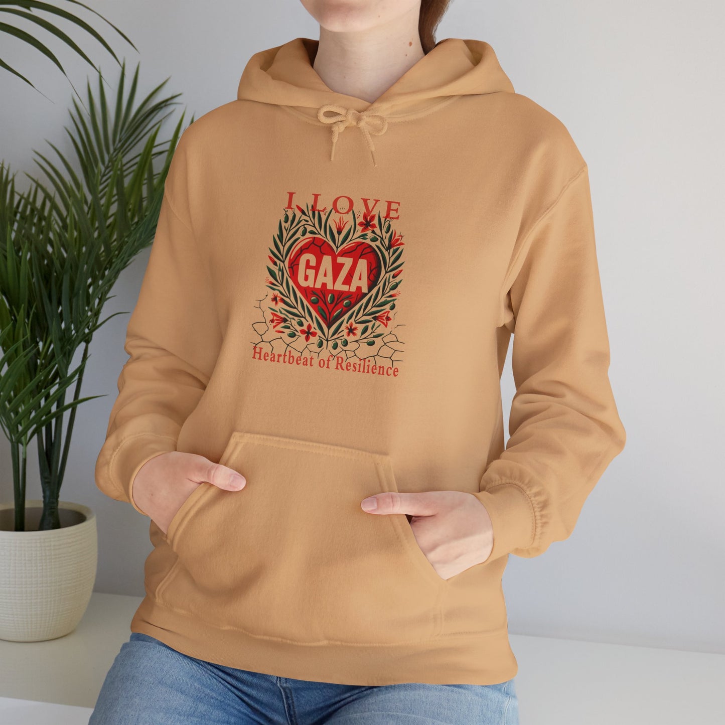 Copy of I Love Gaza, Heartbeat of Resilience, Palestine Hoodie, Free Palestine Hoodie, with Olive Branches, Flowers, and Devastations