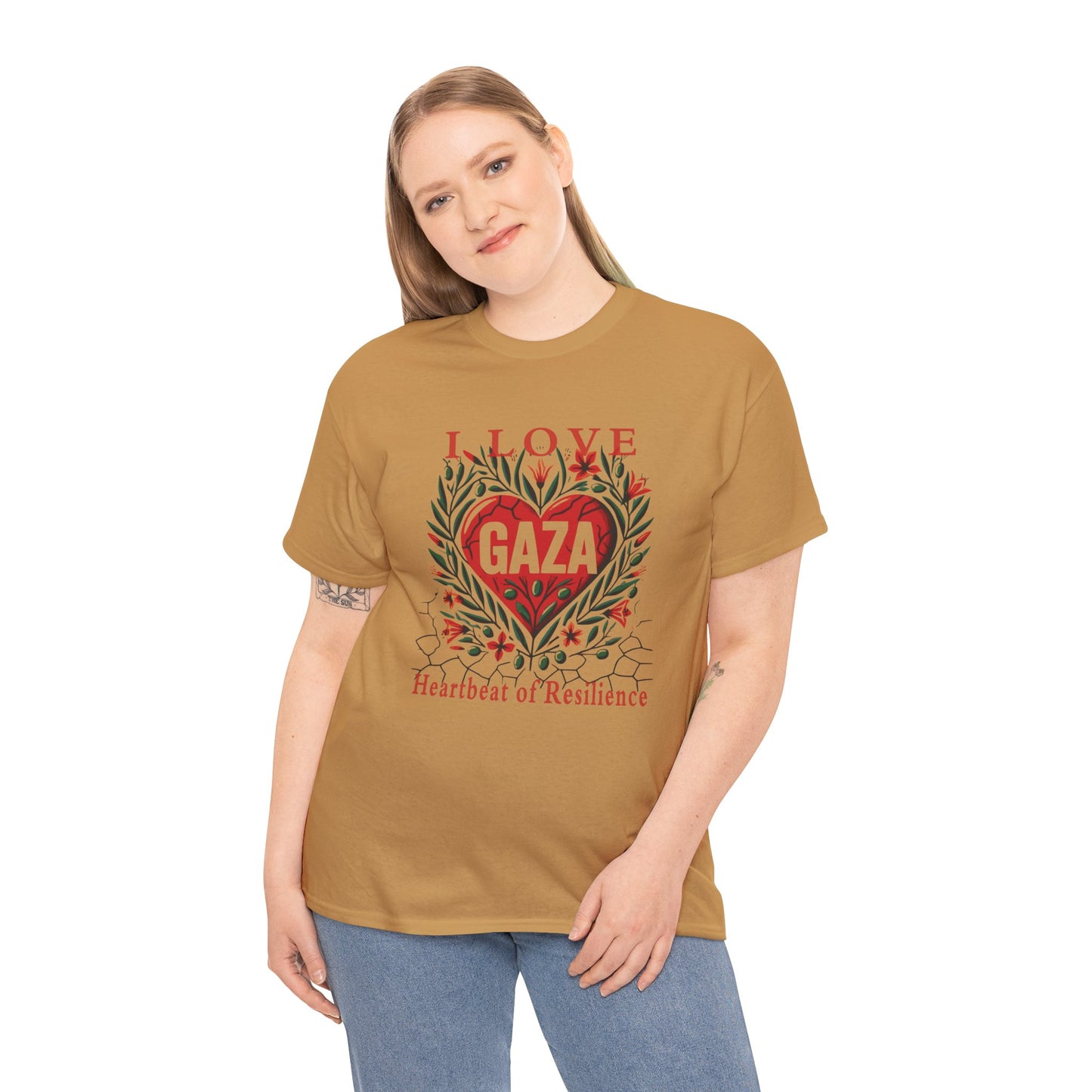 Copy of I Love Gaza, Heartbeat of Resilience, Palestine T-Shirt with Olive Branches, Flowers, and Devastations