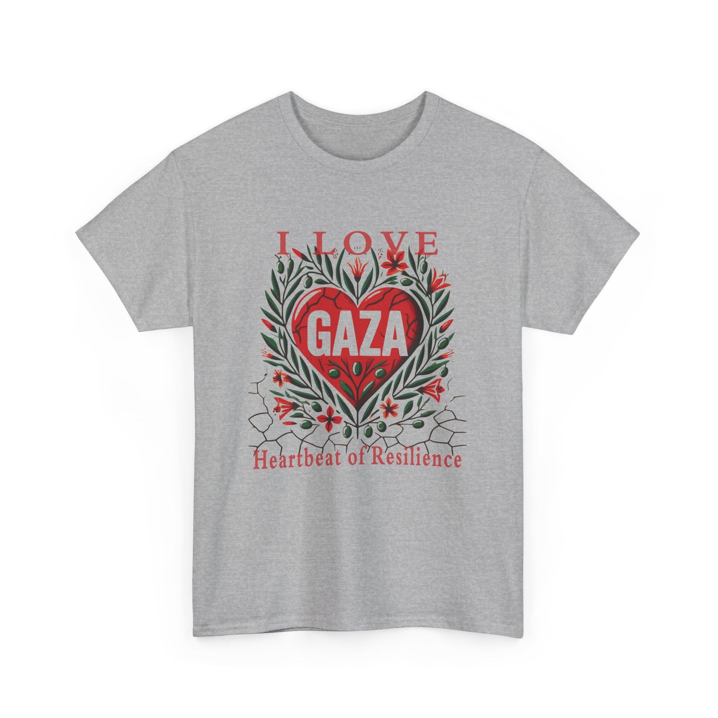 Copy of I Love Gaza, Heartbeat of Resilience, Palestine T-Shirt with Olive Branches, Flowers, and Devastations