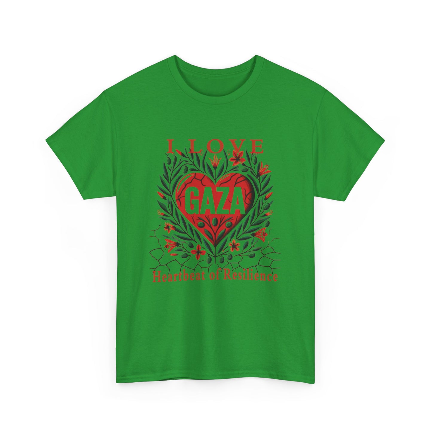 Copy of I Love Gaza, Heartbeat of Resilience, Palestine T-Shirt with Olive Branches, Flowers, and Devastations