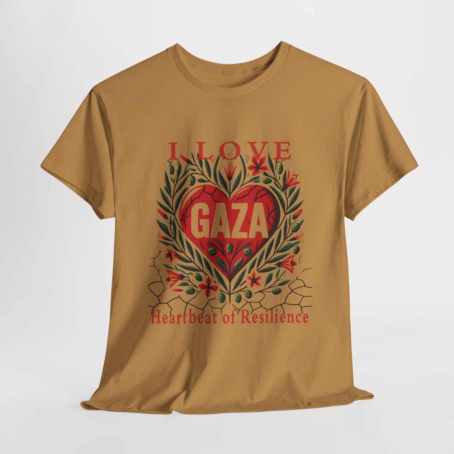 Copy of I Love Gaza, Heartbeat of Resilience, Palestine T-Shirt with Olive Branches, Flowers, and Devastations