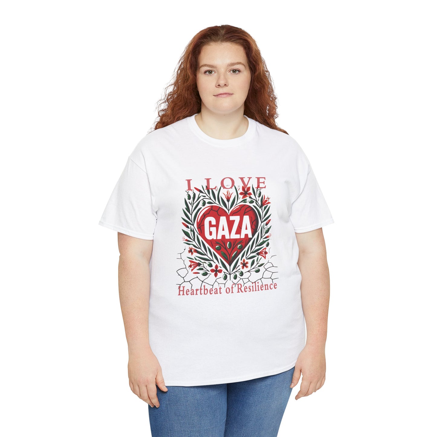 Copy of I Love Gaza, Heartbeat of Resilience, Palestine T-Shirt with Olive Branches, Flowers, and Devastations