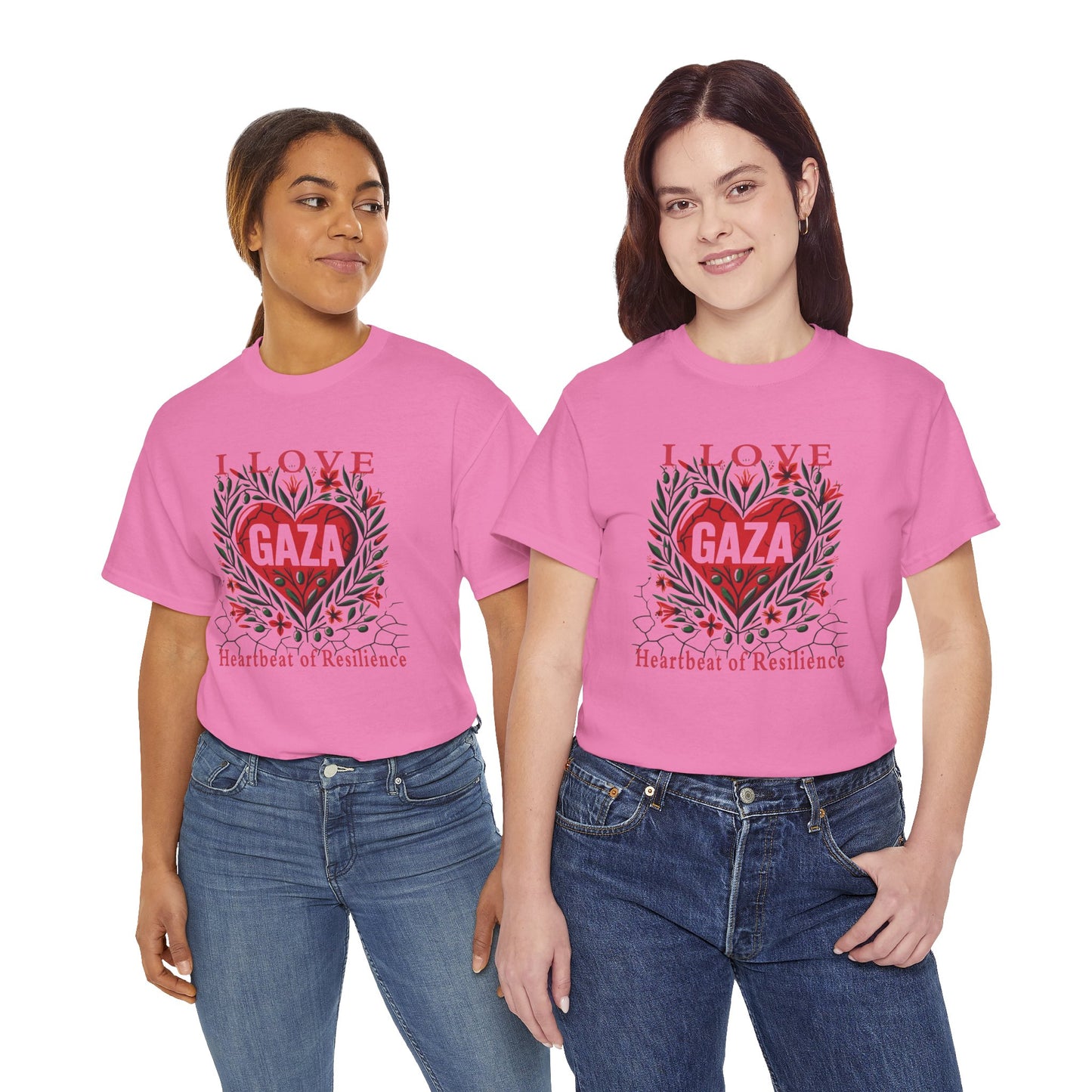 Copy of I Love Gaza, Heartbeat of Resilience, Palestine T-Shirt with Olive Branches, Flowers, and Devastations
