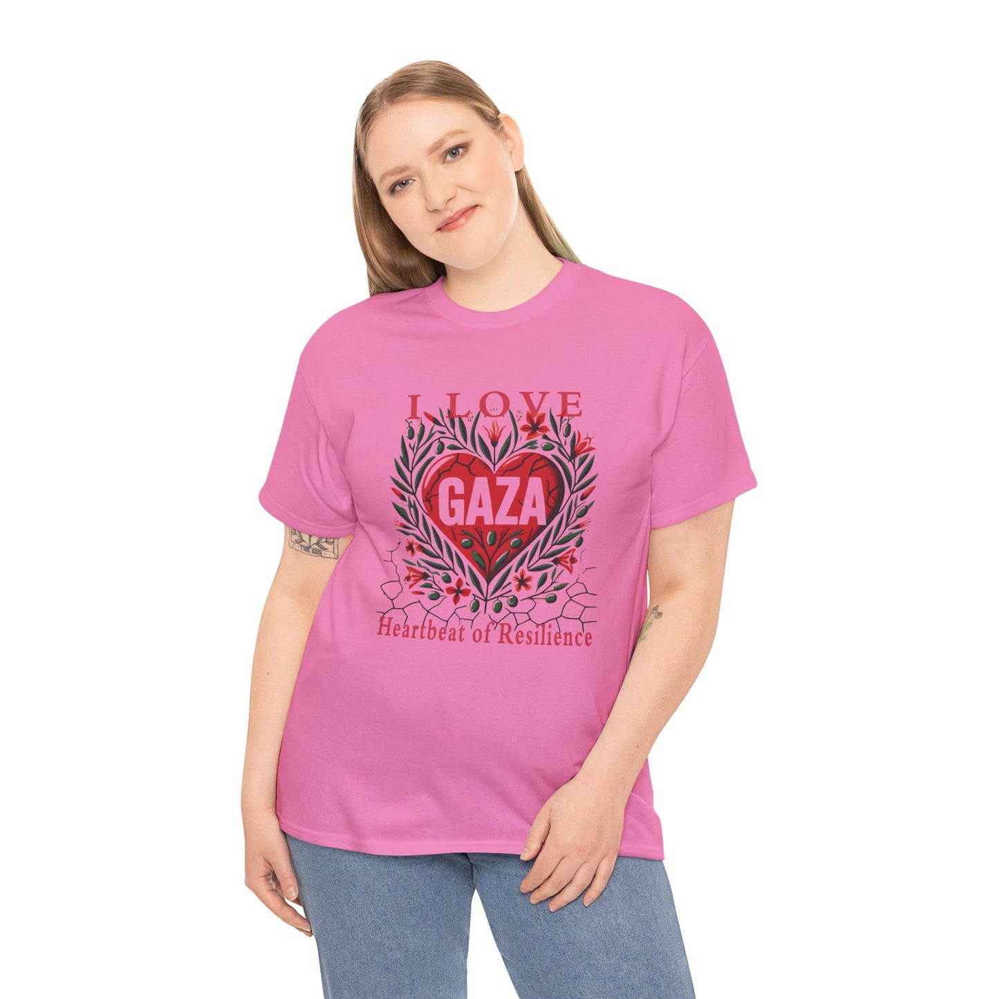 Copy of I Love Gaza, Heartbeat of Resilience, Palestine T-Shirt with Olive Branches, Flowers, and Devastations