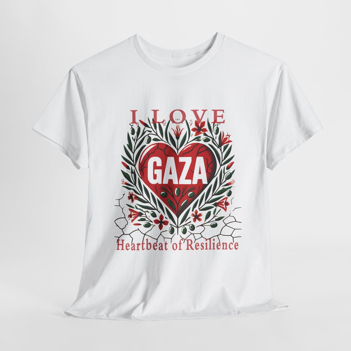 Copy of I Love Gaza, Heartbeat of Resilience, Palestine T-Shirt with Olive Branches, Flowers, and Devastations