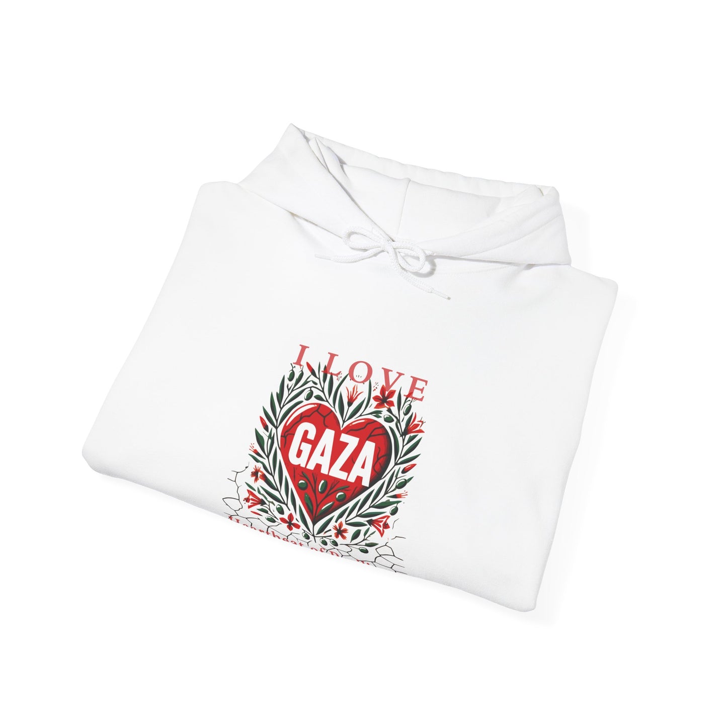 Copy of I Love Gaza, Heartbeat of Resilience, Palestine Hoodie, Free Palestine Hoodie, with Olive Branches, Flowers, and Devastations