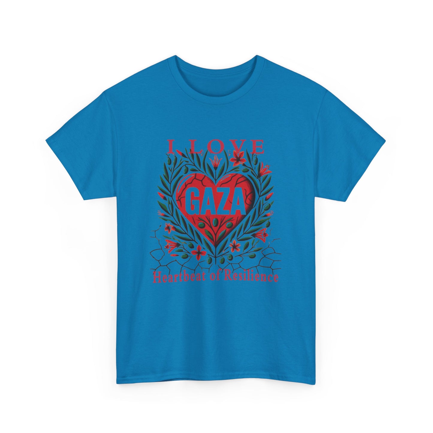 Copy of I Love Gaza, Heartbeat of Resilience, Palestine T-Shirt with Olive Branches, Flowers, and Devastations