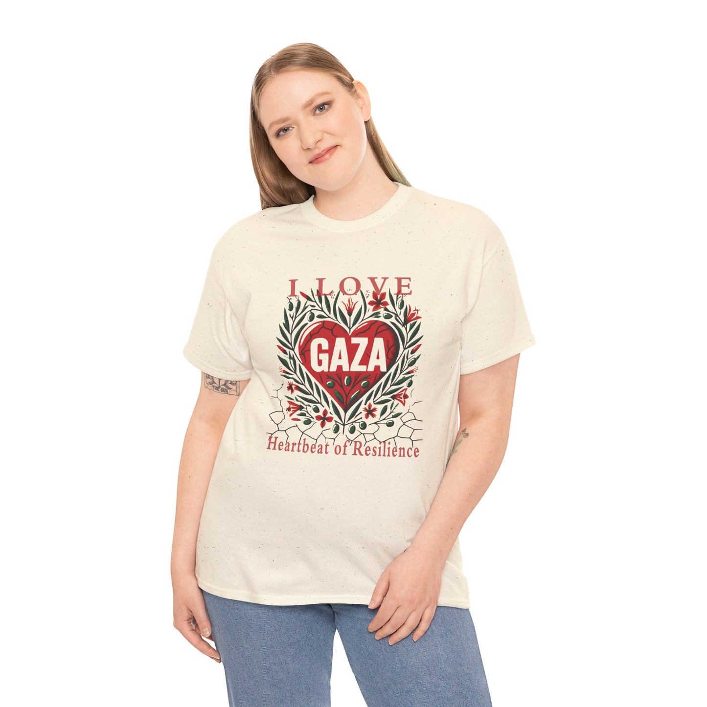 Copy of I Love Gaza, Heartbeat of Resilience, Palestine T-Shirt with Olive Branches, Flowers, and Devastations