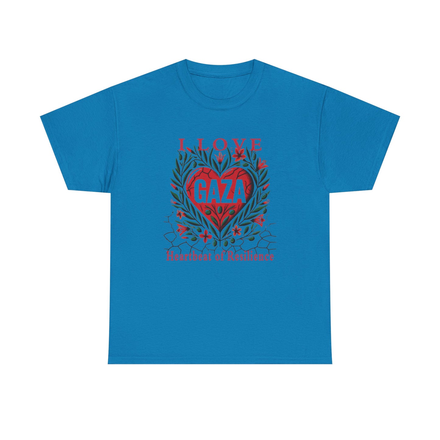 Copy of I Love Gaza, Heartbeat of Resilience, Palestine T-Shirt with Olive Branches, Flowers, and Devastations
