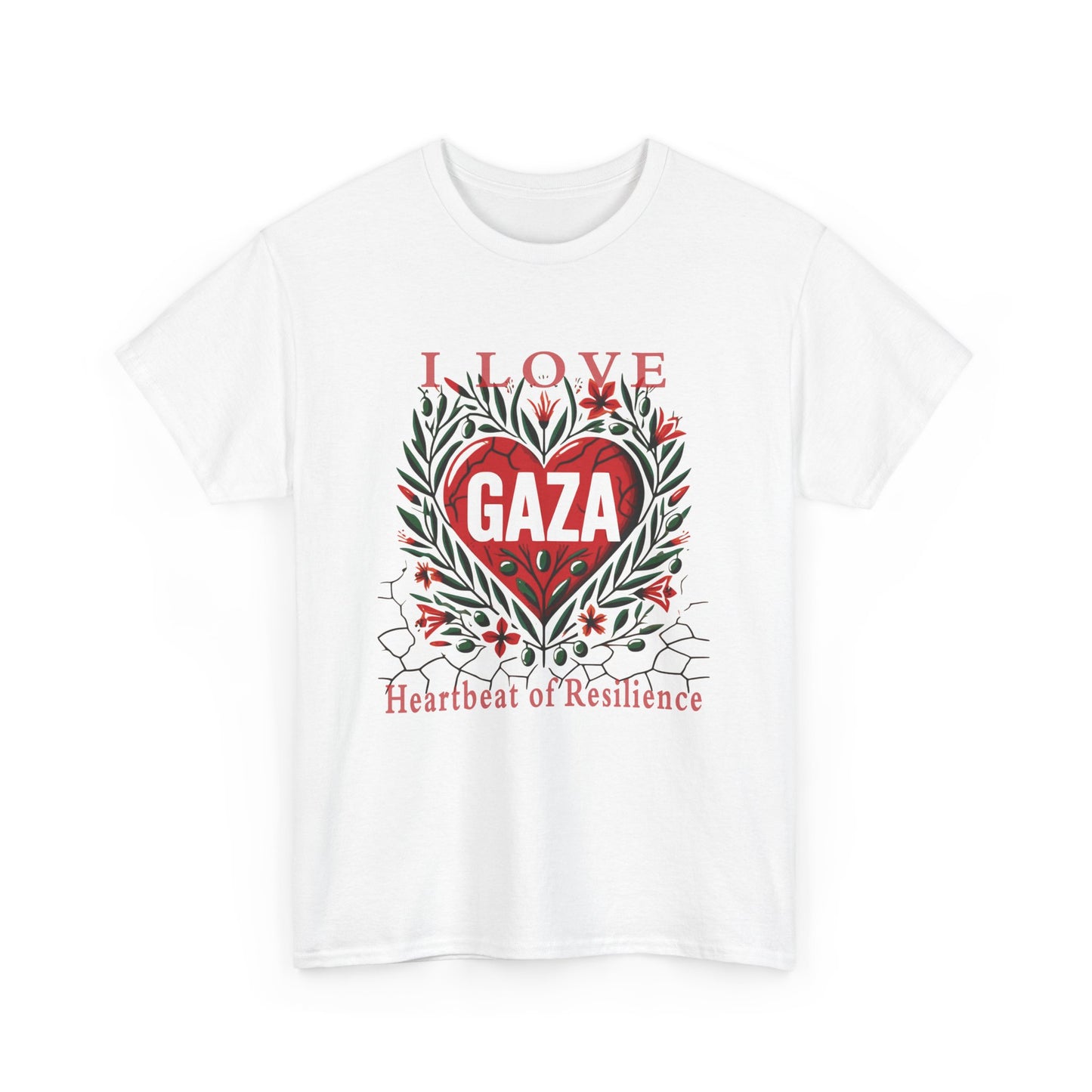 Copy of I Love Gaza, Heartbeat of Resilience, Palestine T-Shirt with Olive Branches, Flowers, and Devastations