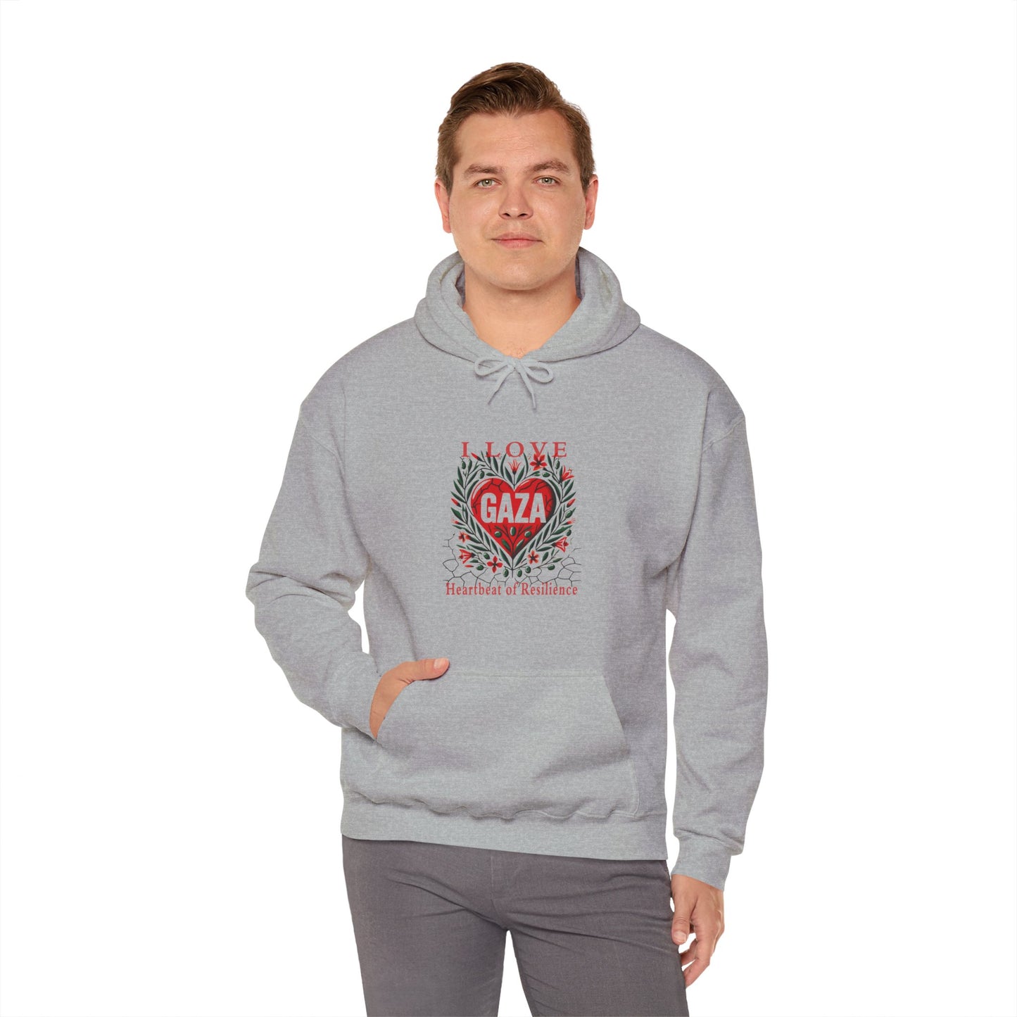 Copy of I Love Gaza, Heartbeat of Resilience, Palestine Hoodie, Free Palestine Hoodie, with Olive Branches, Flowers, and Devastations