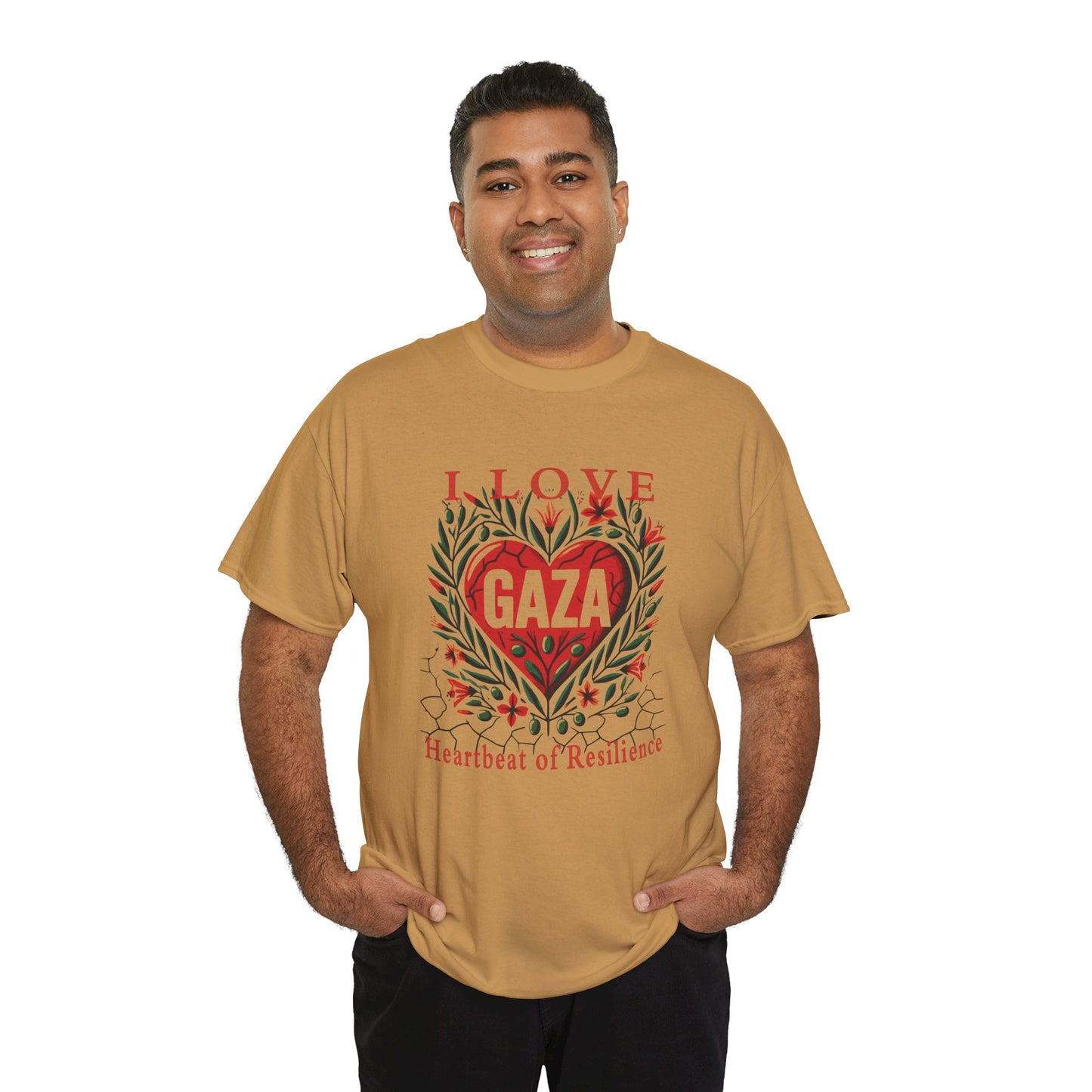Copy of I Love Gaza, Heartbeat of Resilience, Palestine T-Shirt with Olive Branches, Flowers, and Devastations