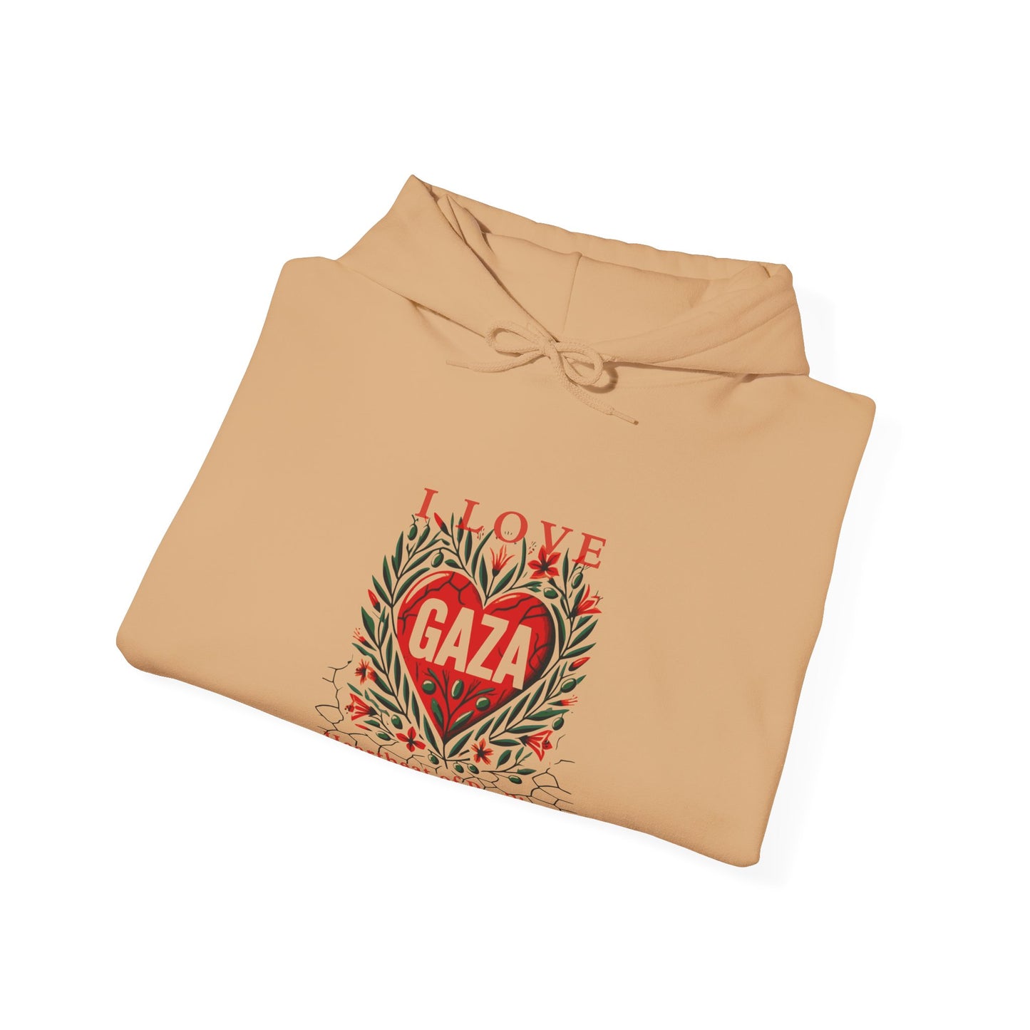 Copy of I Love Gaza, Heartbeat of Resilience, Palestine Hoodie, Free Palestine Hoodie, with Olive Branches, Flowers, and Devastations