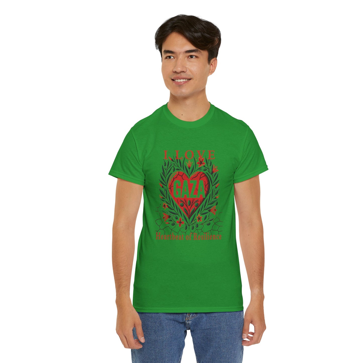 Copy of I Love Gaza, Heartbeat of Resilience, Palestine T-Shirt with Olive Branches, Flowers, and Devastations