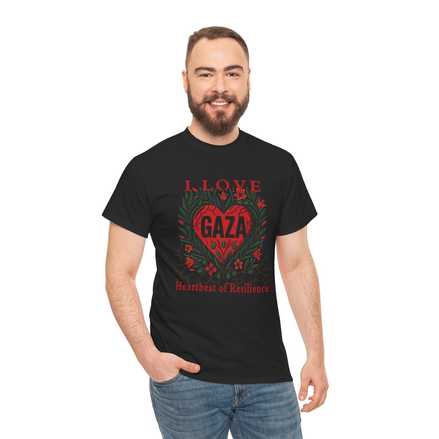 Copy of I Love Gaza, Heartbeat of Resilience, Palestine T-Shirt with Olive Branches, Flowers, and Devastations