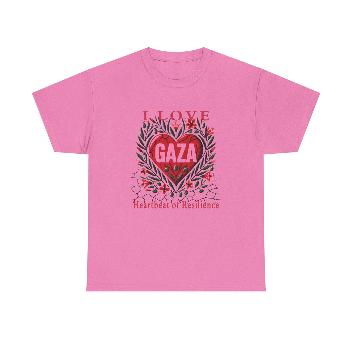Copy of I Love Gaza, Heartbeat of Resilience, Palestine T-Shirt with Olive Branches, Flowers, and Devastations
