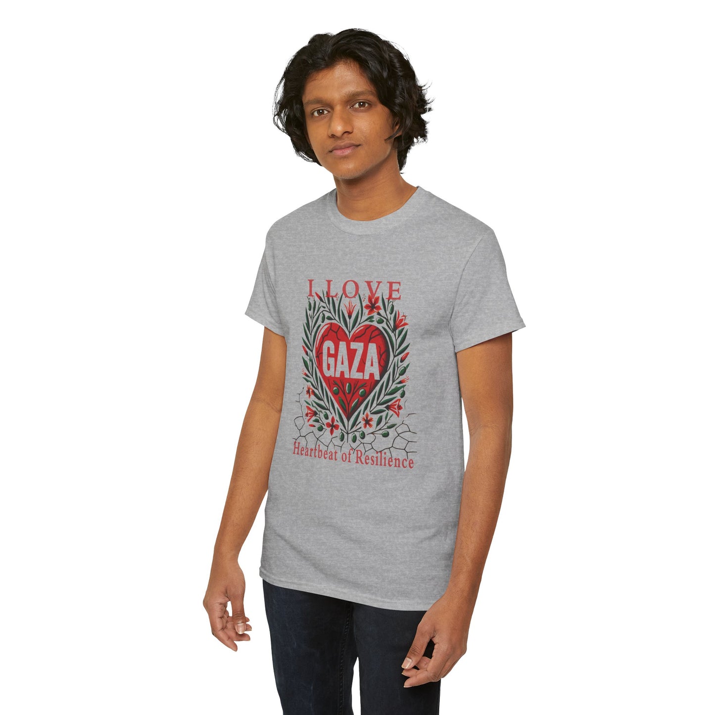 Copy of I Love Gaza, Heartbeat of Resilience, Palestine T-Shirt with Olive Branches, Flowers, and Devastations