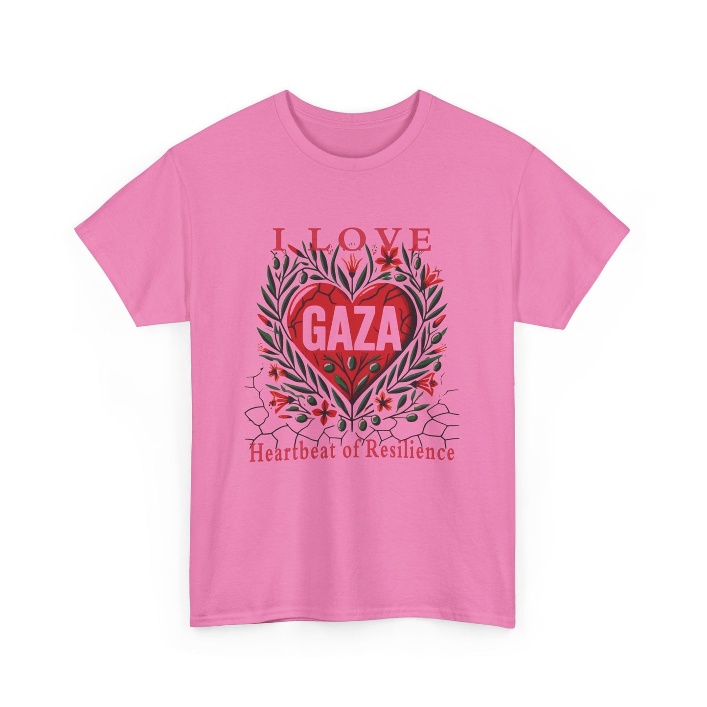 Copy of I Love Gaza, Heartbeat of Resilience, Palestine T-Shirt with Olive Branches, Flowers, and Devastations