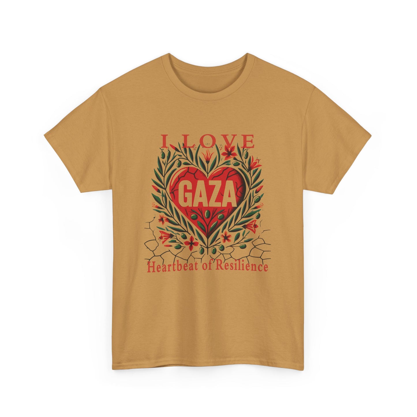 Copy of I Love Gaza, Heartbeat of Resilience, Palestine T-Shirt with Olive Branches, Flowers, and Devastations