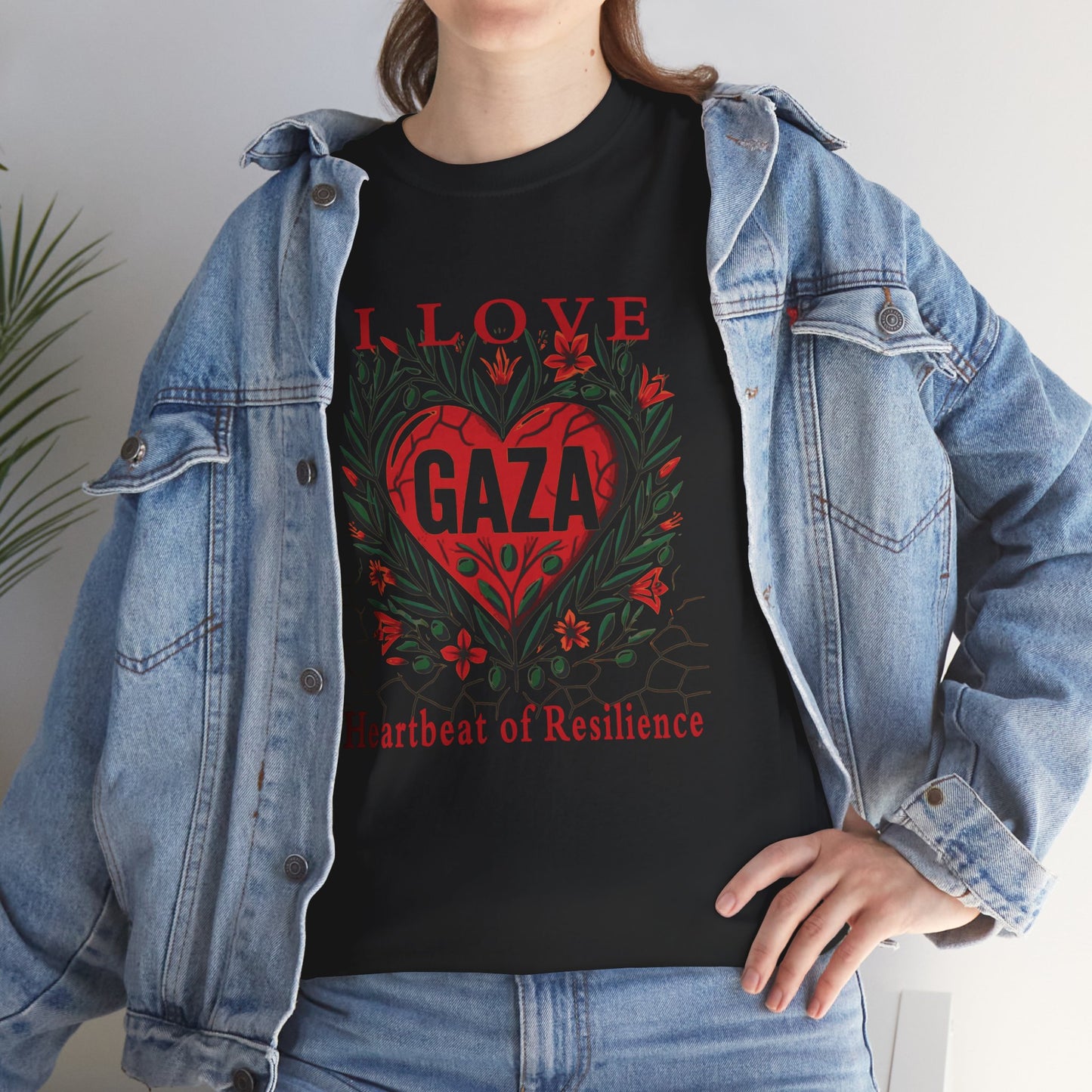 Copy of I Love Gaza, Heartbeat of Resilience, Palestine T-Shirt with Olive Branches, Flowers, and Devastations