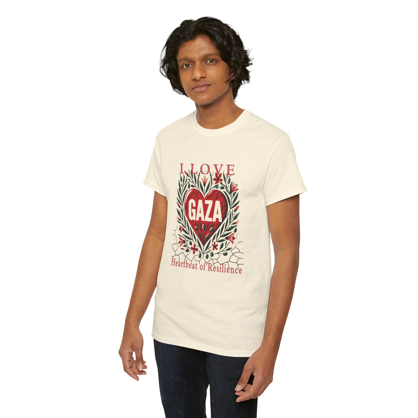 Copy of I Love Gaza, Heartbeat of Resilience, Palestine T-Shirt with Olive Branches, Flowers, and Devastations