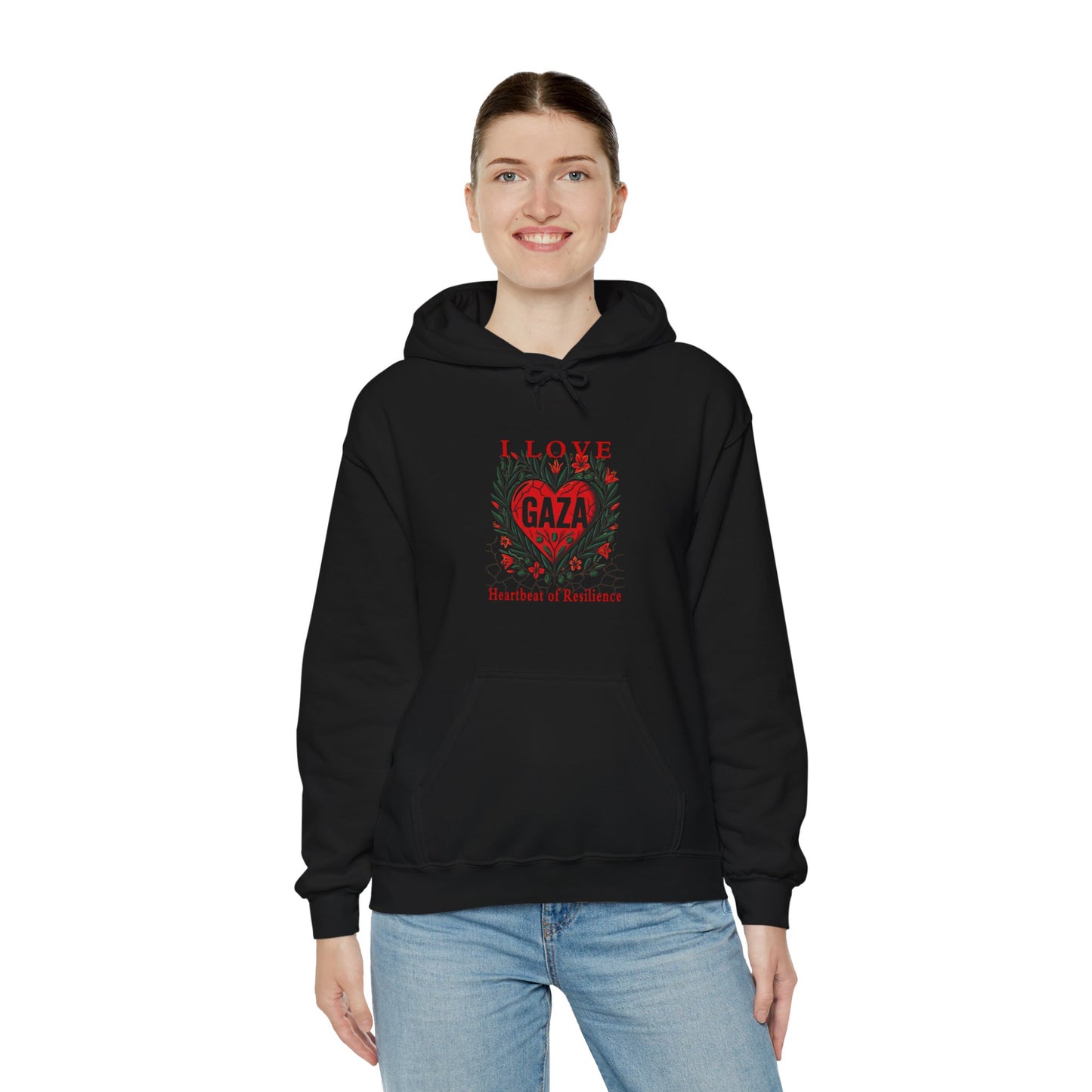 Copy of I Love Gaza, Heartbeat of Resilience, Palestine Hoodie, Free Palestine Hoodie, with Olive Branches, Flowers, and Devastations
