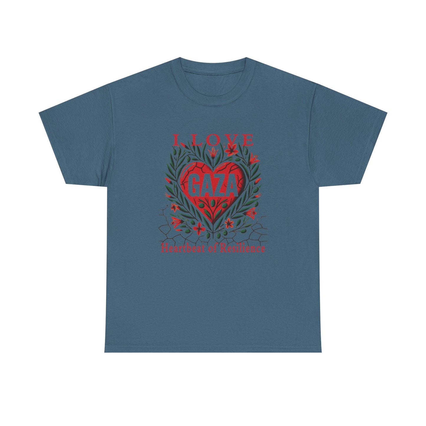 Copy of I Love Gaza, Heartbeat of Resilience, Palestine T-Shirt with Olive Branches, Flowers, and Devastations