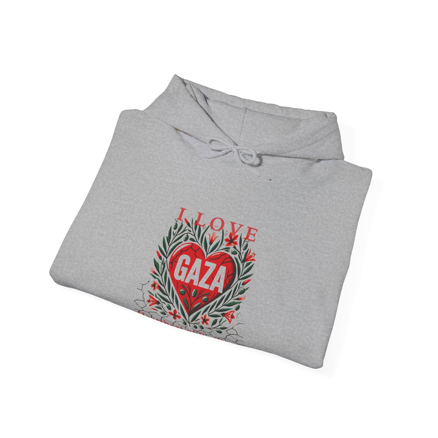 Copy of I Love Gaza, Heartbeat of Resilience, Palestine Hoodie, Free Palestine Hoodie, with Olive Branches, Flowers, and Devastations