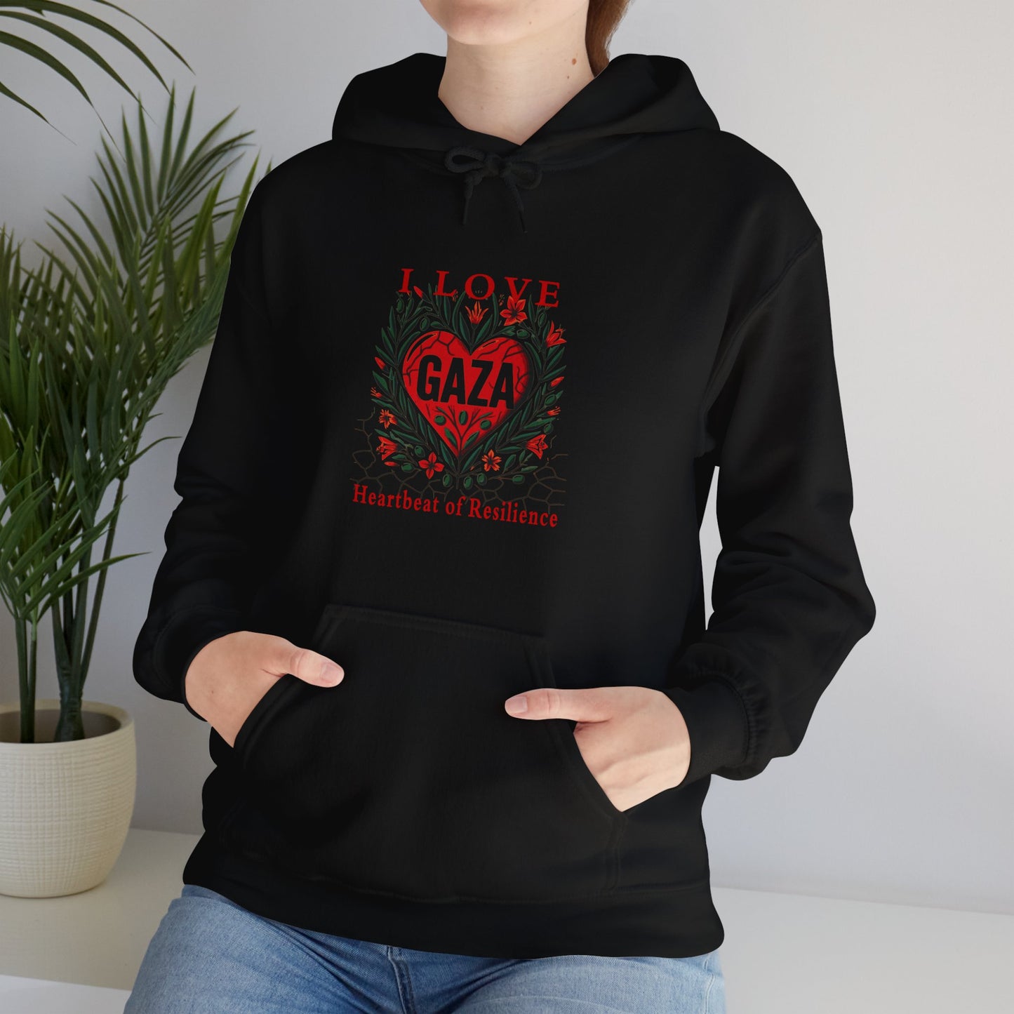 Copy of I Love Gaza, Heartbeat of Resilience, Palestine Hoodie, Free Palestine Hoodie, with Olive Branches, Flowers, and Devastations