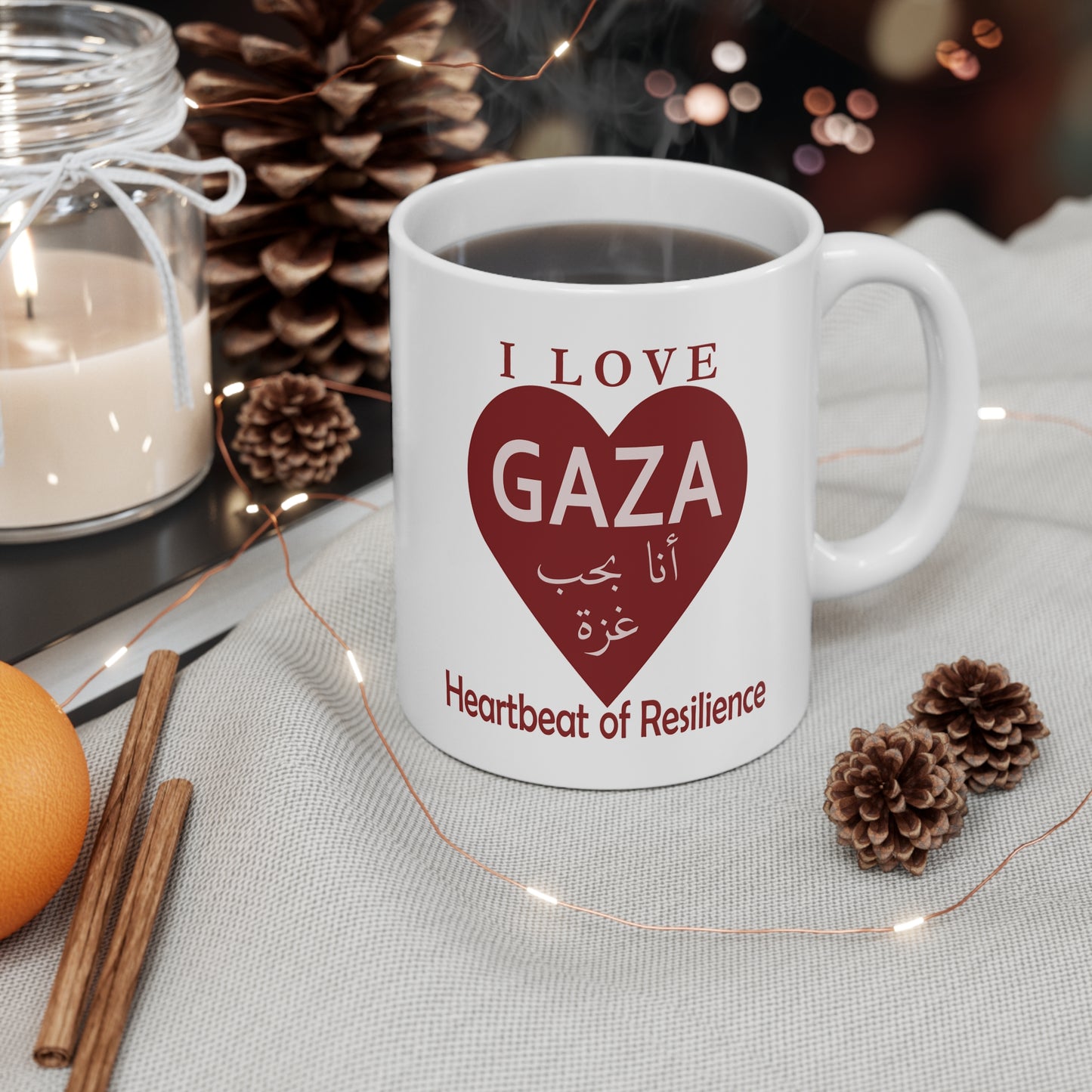 I Love Gaza Ceramic Coffee Mug - Heartbeat of Resilience, 11oz & 15oz