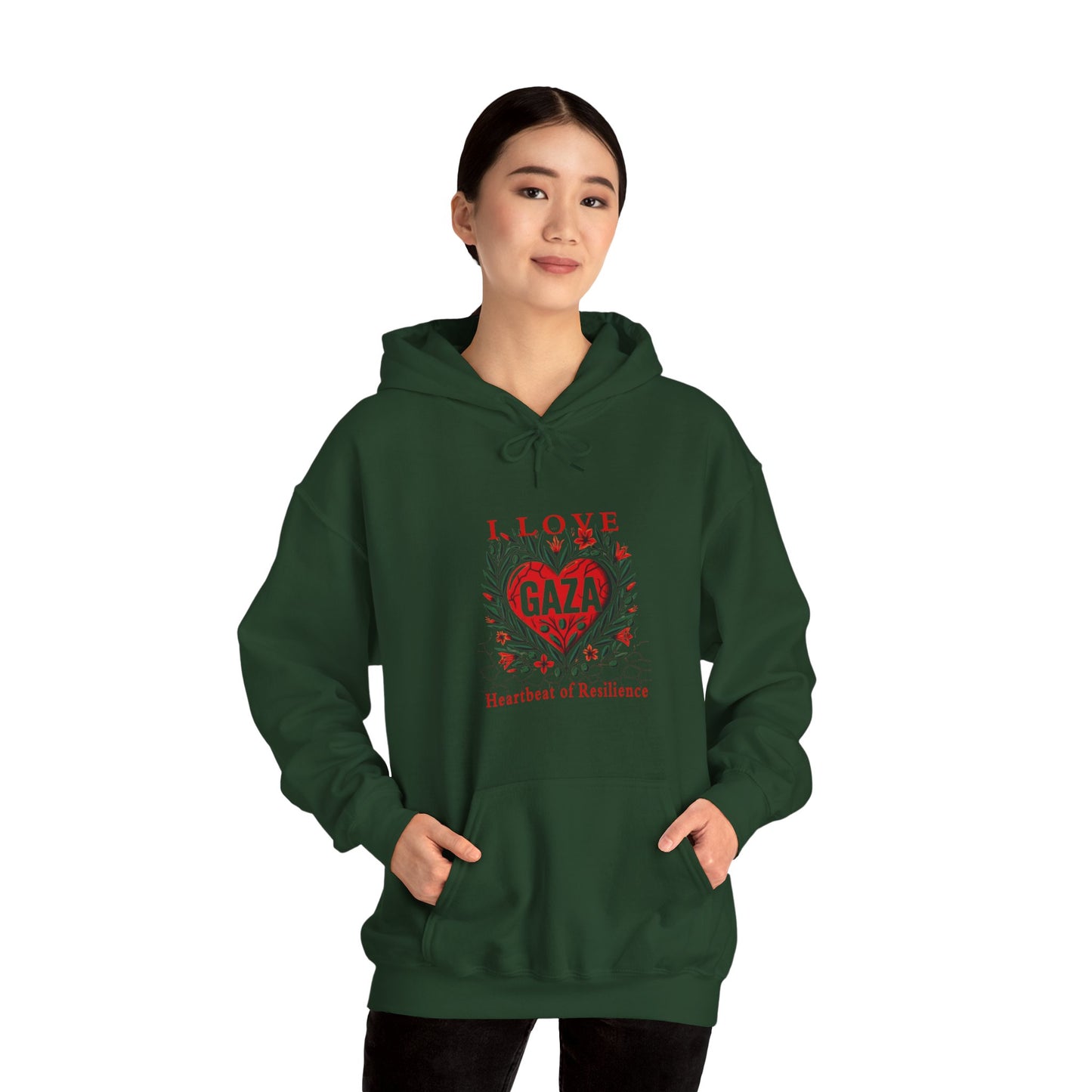 Copy of I Love Gaza, Heartbeat of Resilience, Palestine Hoodie, Free Palestine Hoodie, with Olive Branches, Flowers, and Devastations