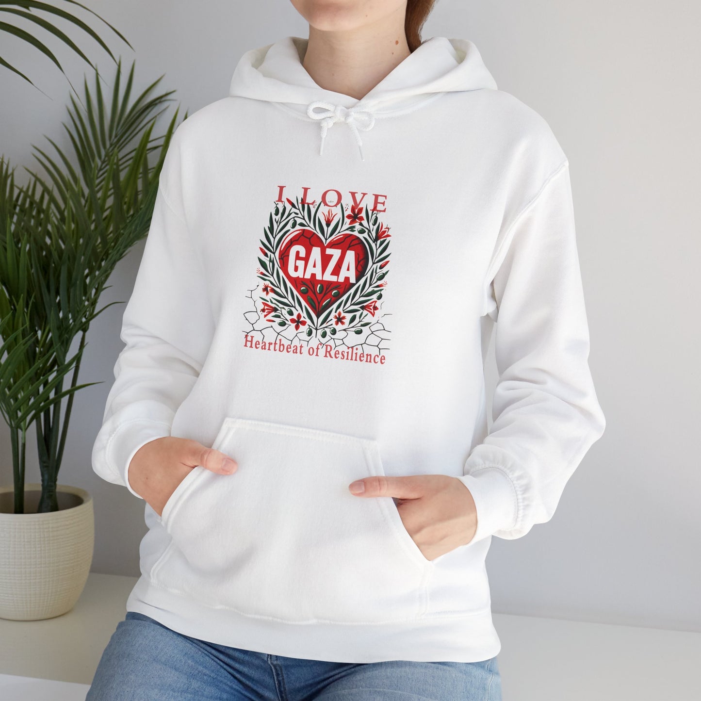 Copy of I Love Gaza, Heartbeat of Resilience, Palestine Hoodie, Free Palestine Hoodie, with Olive Branches, Flowers, and Devastations