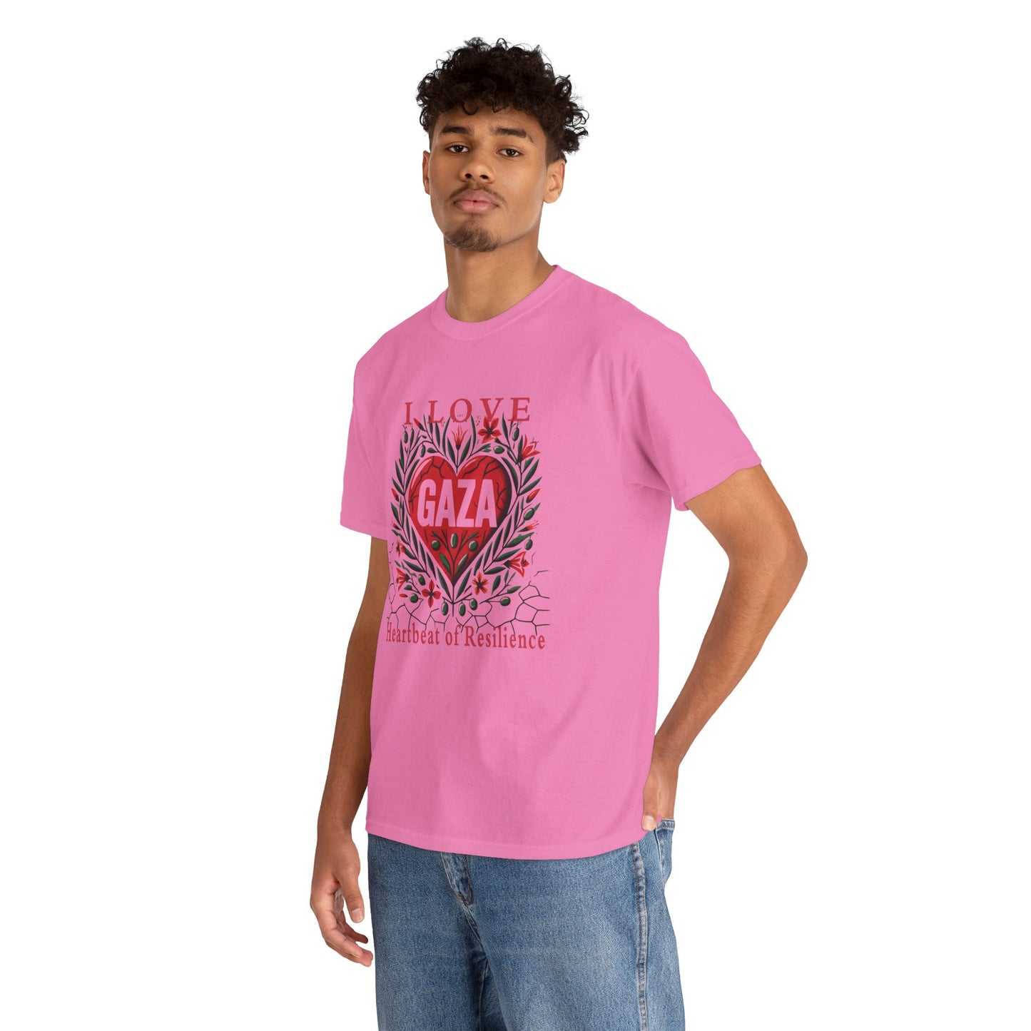 Copy of I Love Gaza, Heartbeat of Resilience, Palestine T-Shirt with Olive Branches, Flowers, and Devastations
