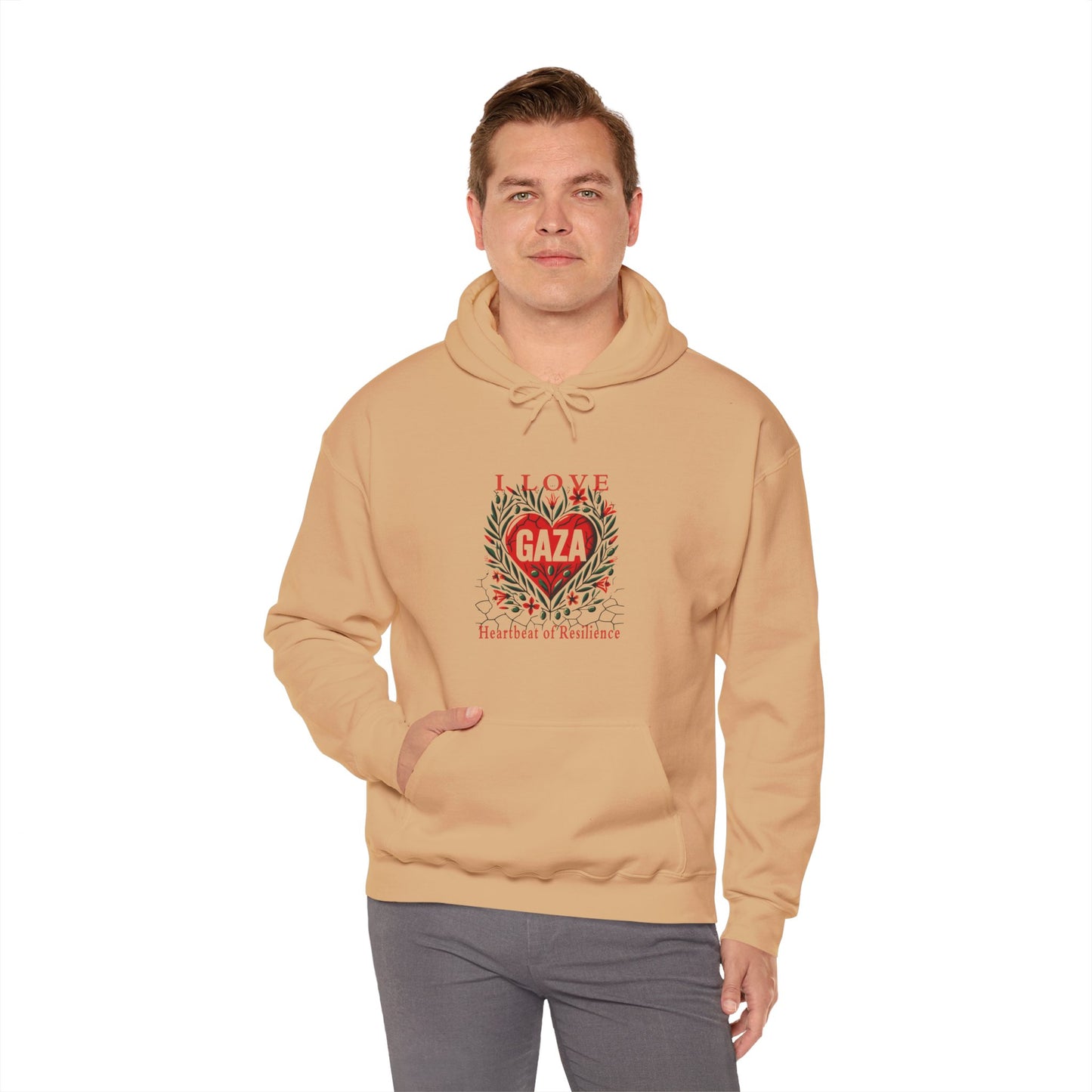 Copy of I Love Gaza, Heartbeat of Resilience, Palestine Hoodie, Free Palestine Hoodie, with Olive Branches, Flowers, and Devastations